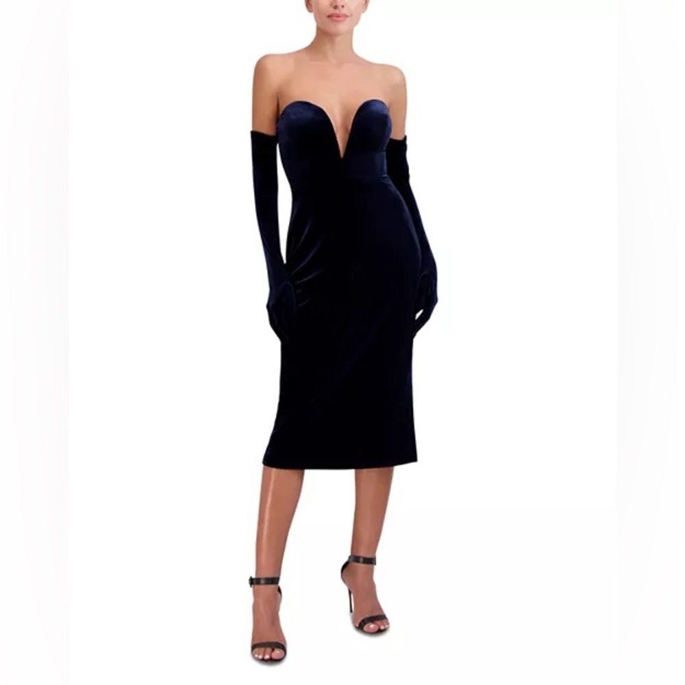 BCBGMaxAzria Plunging V Neck Midnight Blue Velvet Midi Dress with Opera Gloves